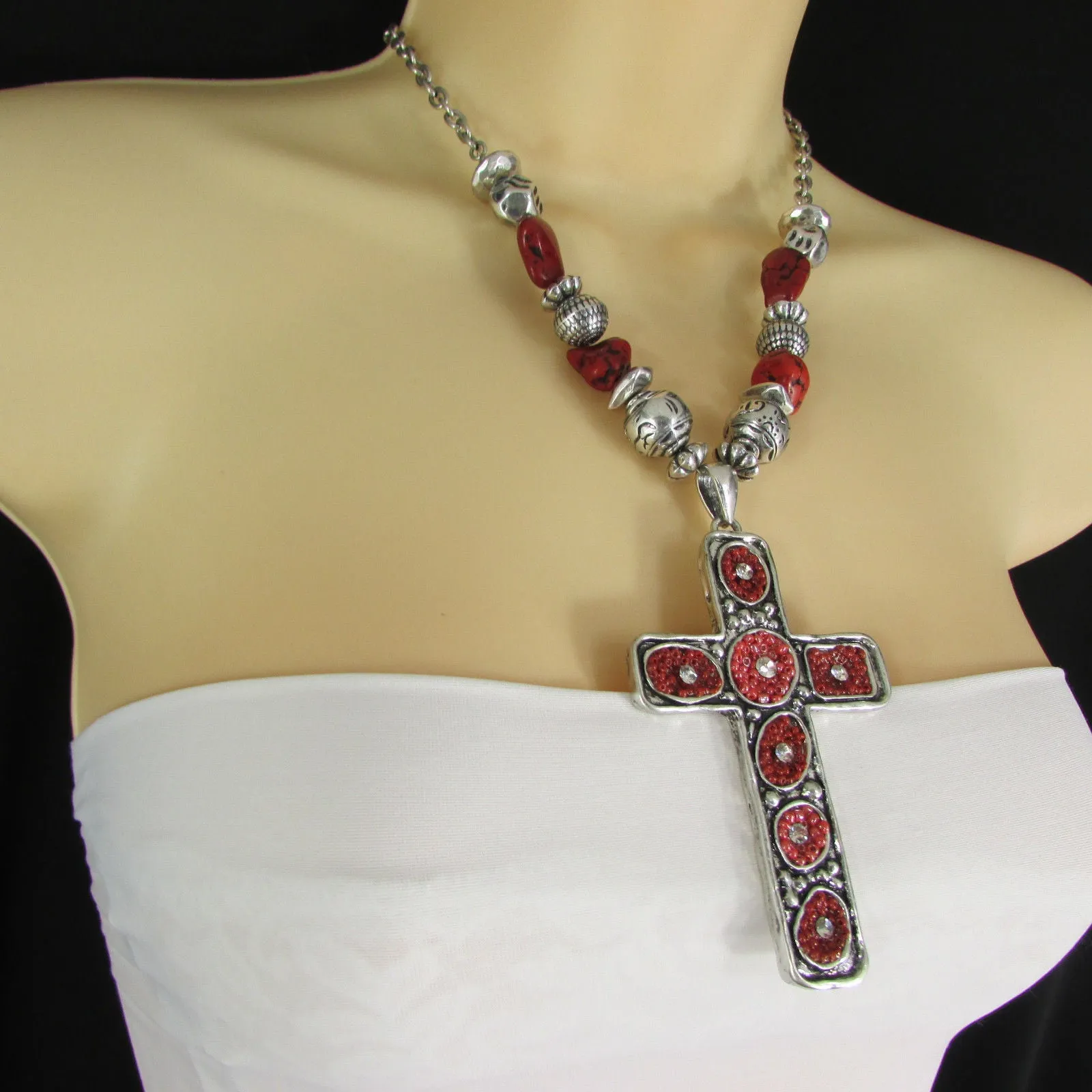 Silver Metal Chain Big Large Black Or Red Cross Necklace Earrings Set