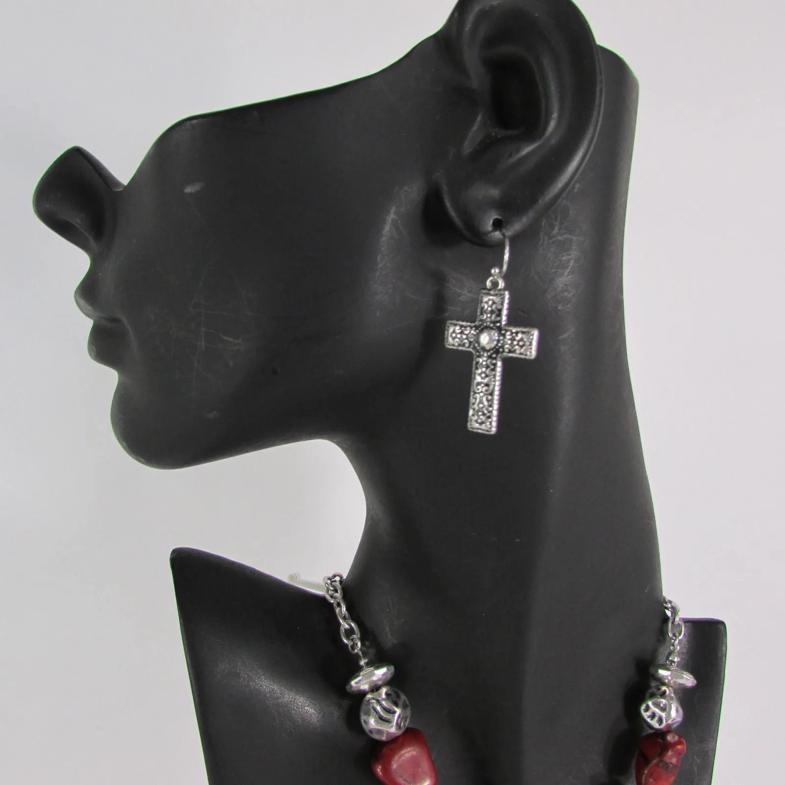 Silver Metal Chain Big Large Black Or Red Cross Necklace Earrings Set