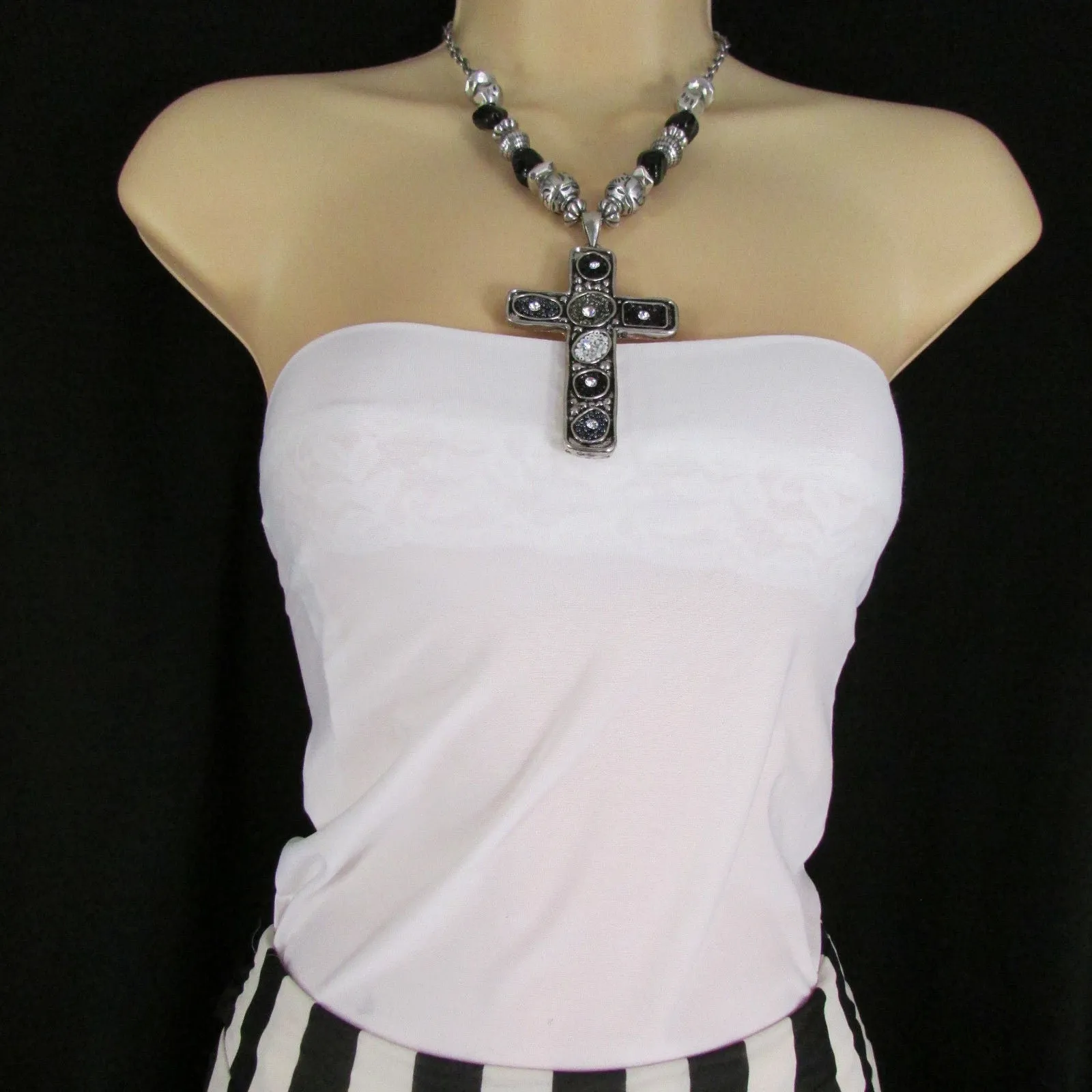 Silver Metal Chain Big Large Black Or Red Cross Necklace Earrings Set