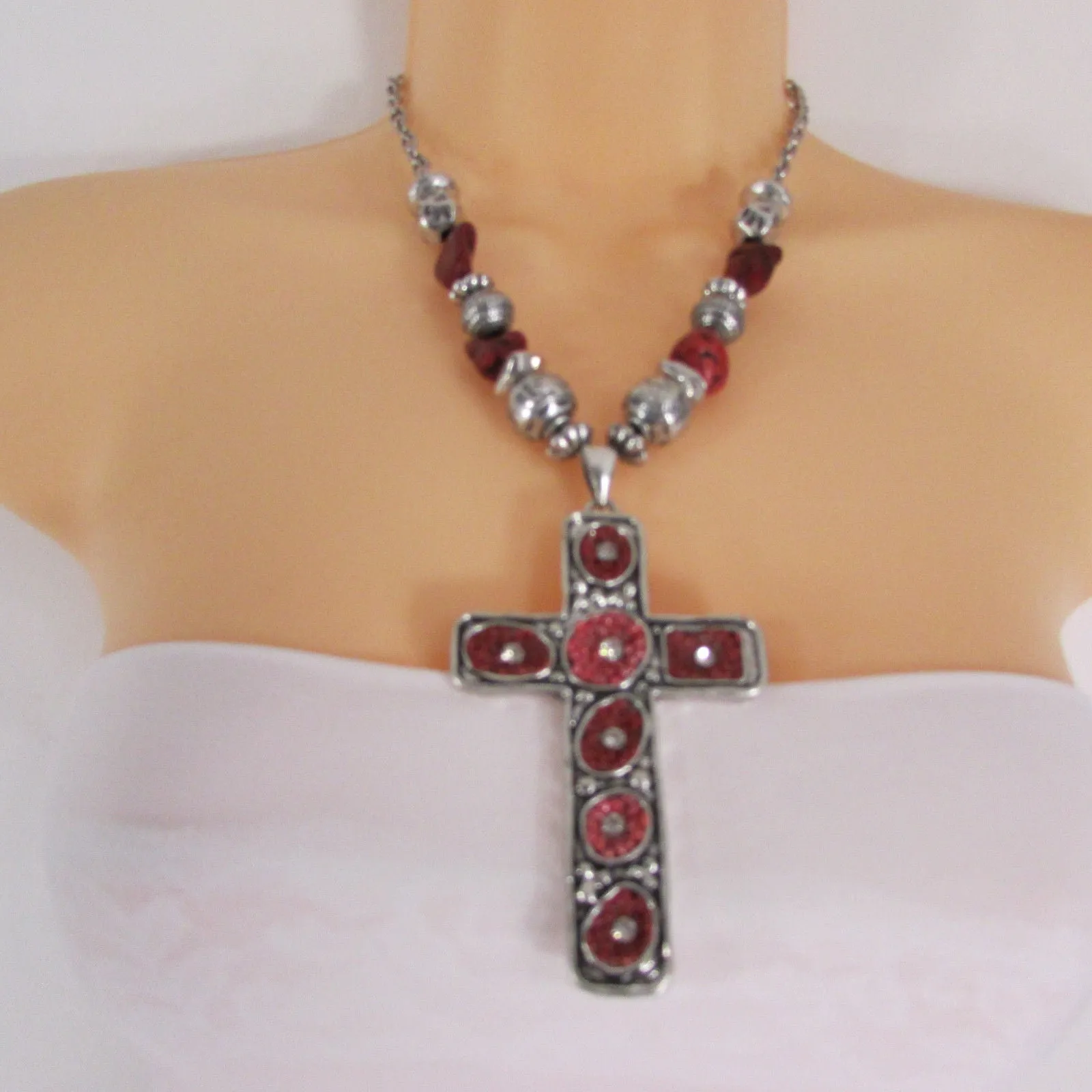 Silver Metal Chain Big Large Black Or Red Cross Necklace Earrings Set
