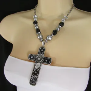 Silver Metal Chain Big Large Black Or Red Cross Necklace Earrings Set