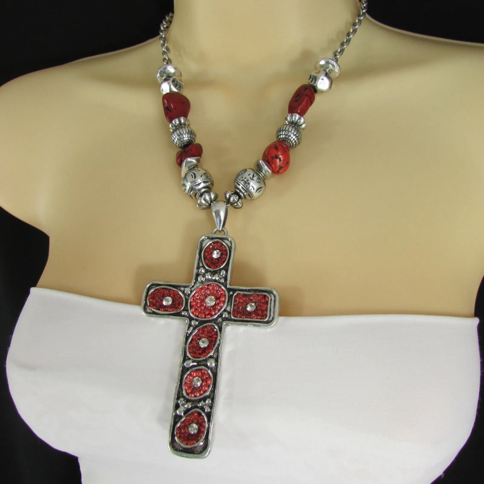 Silver Metal Chain Big Large Black Or Red Cross Necklace Earrings Set