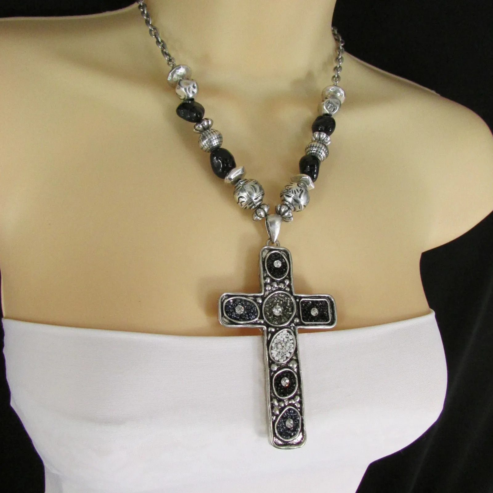 Silver Metal Chain Big Large Black Or Red Cross Necklace Earrings Set