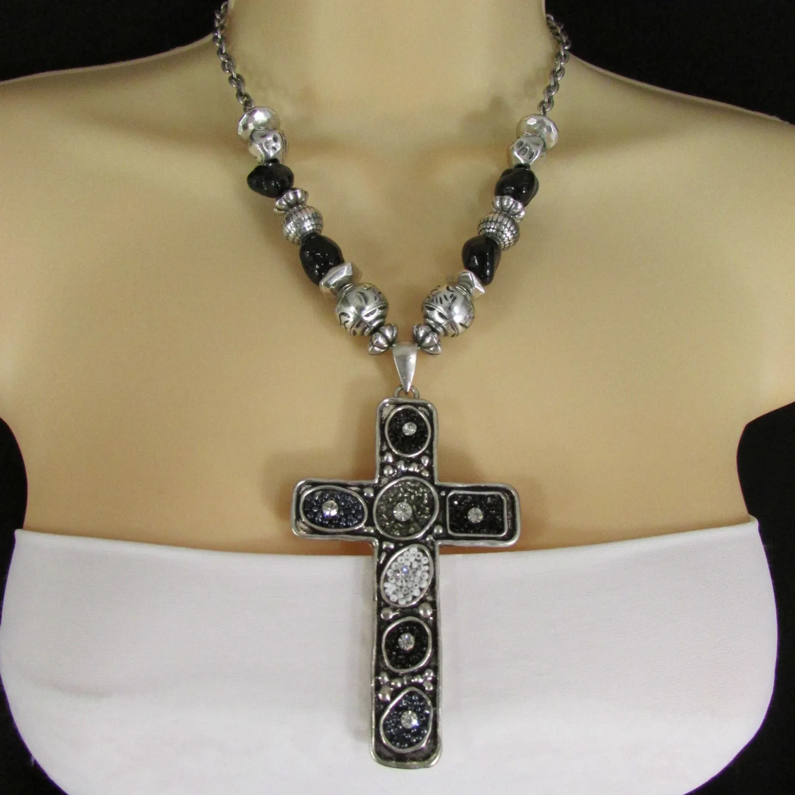Silver Metal Chain Big Large Black Or Red Cross Necklace Earrings Set