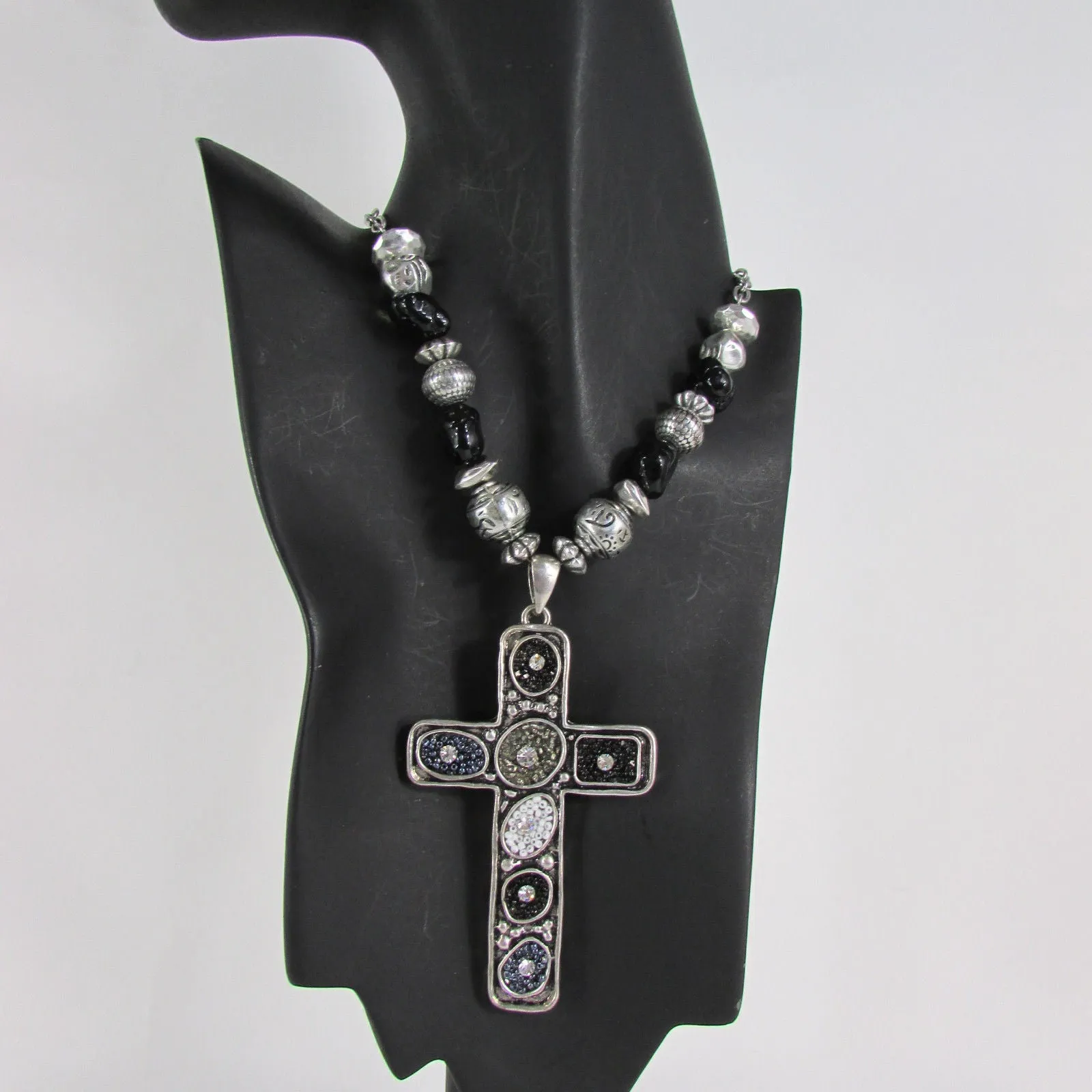 Silver Metal Chain Big Large Black Or Red Cross Necklace Earrings Set