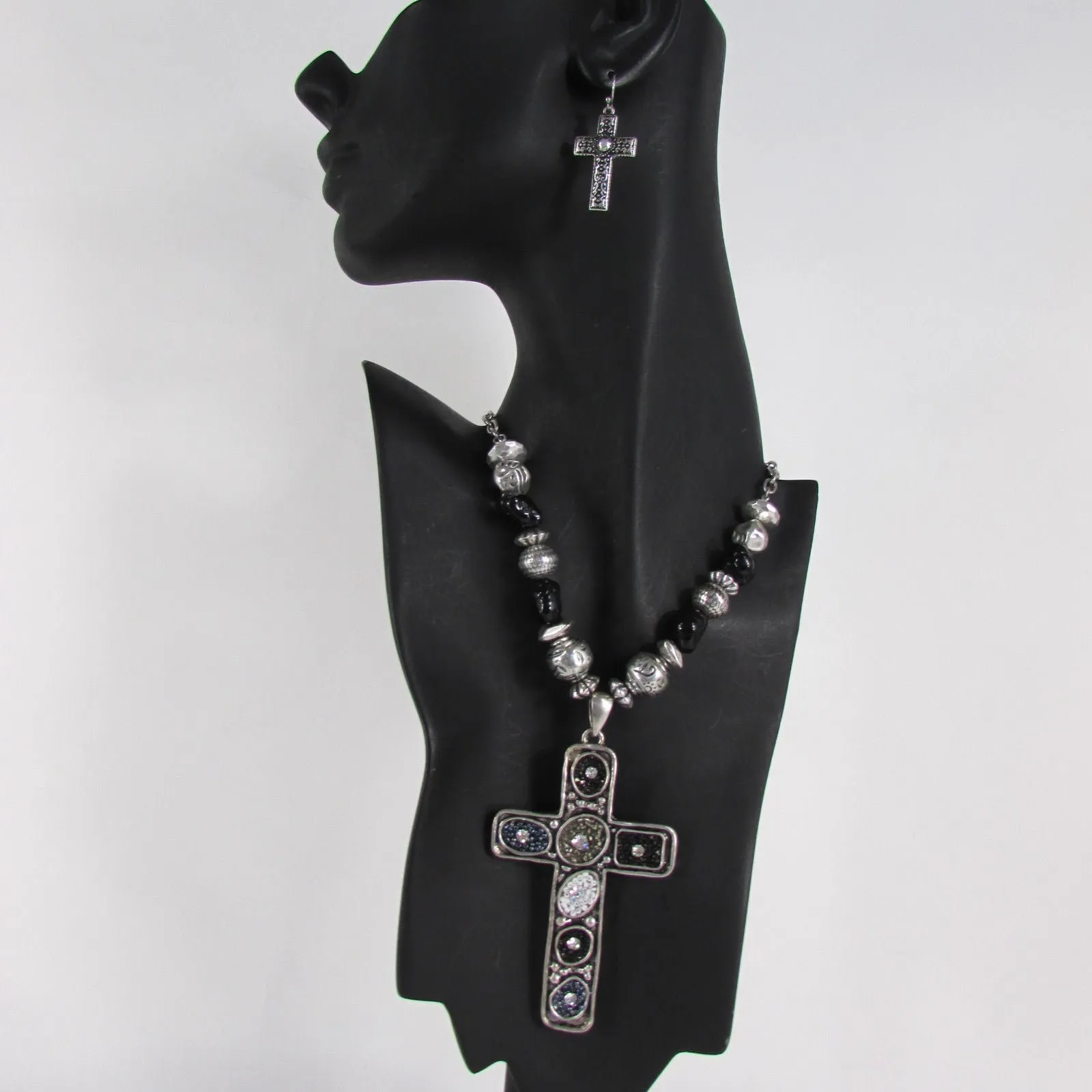 Silver Metal Chain Big Large Black Or Red Cross Necklace Earrings Set