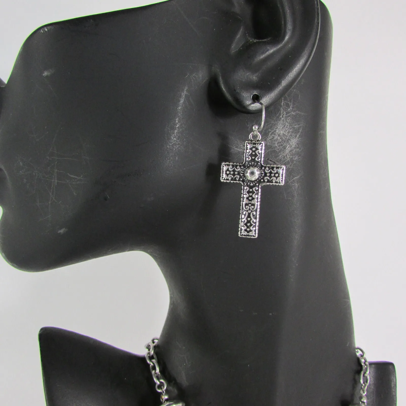 Silver Metal Chain Big Large Black Or Red Cross Necklace Earrings Set