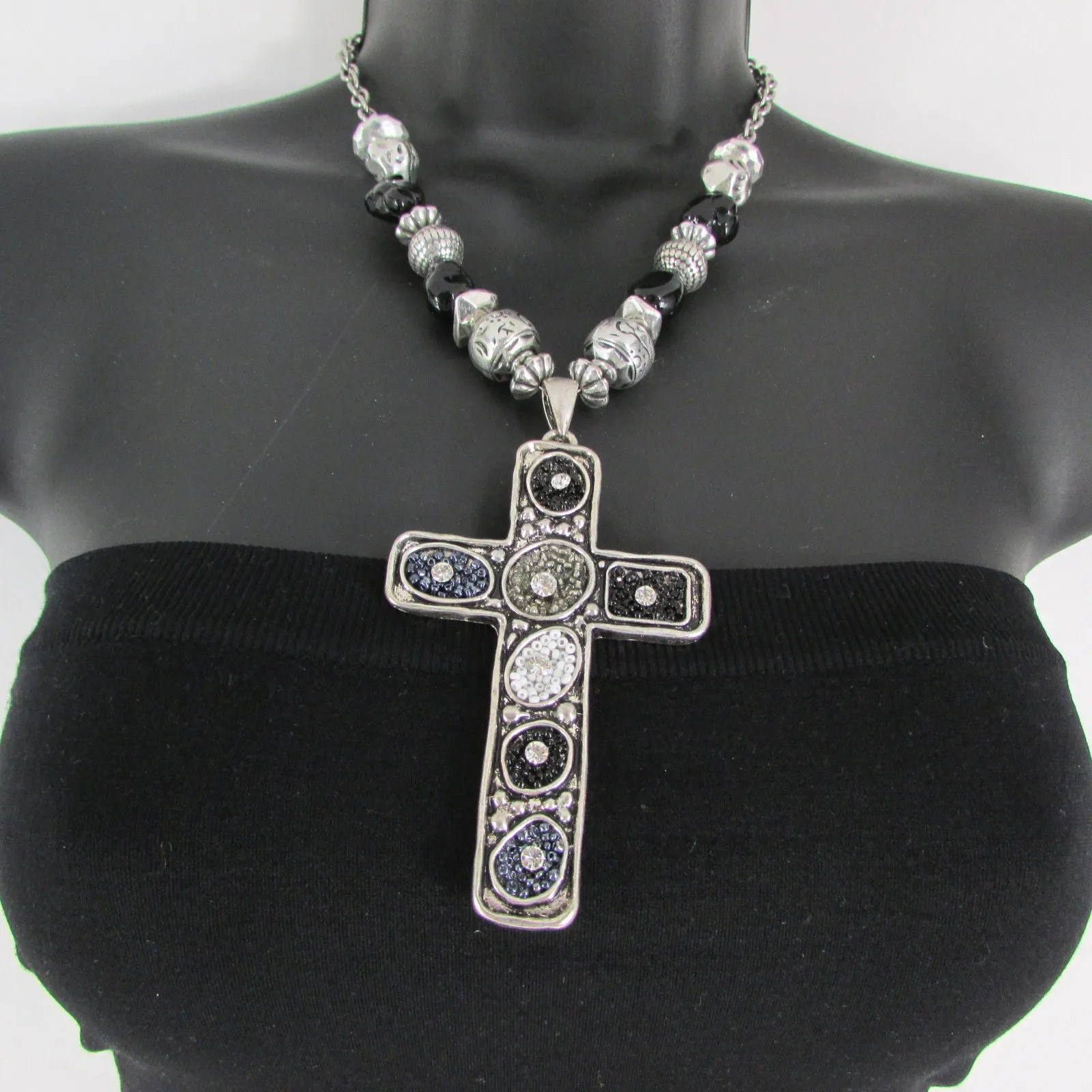 Silver Metal Chain Big Large Black Or Red Cross Necklace Earrings Set