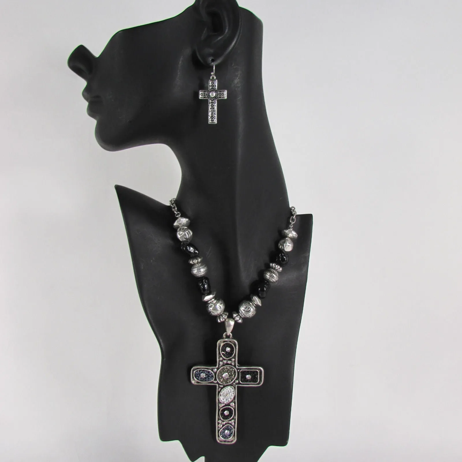 Silver Metal Chain Big Large Black Or Red Cross Necklace Earrings Set