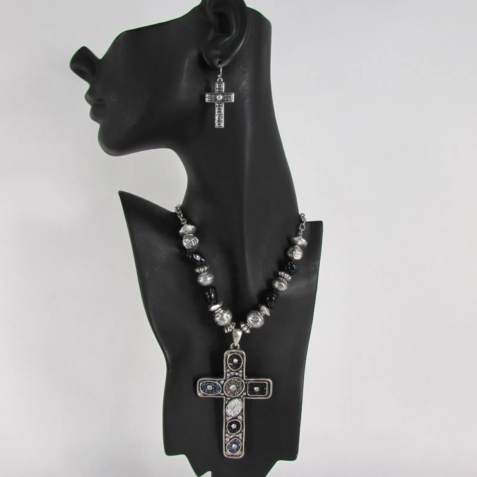 Silver Metal Chain Big Large Black Or Red Cross Necklace Earrings Set