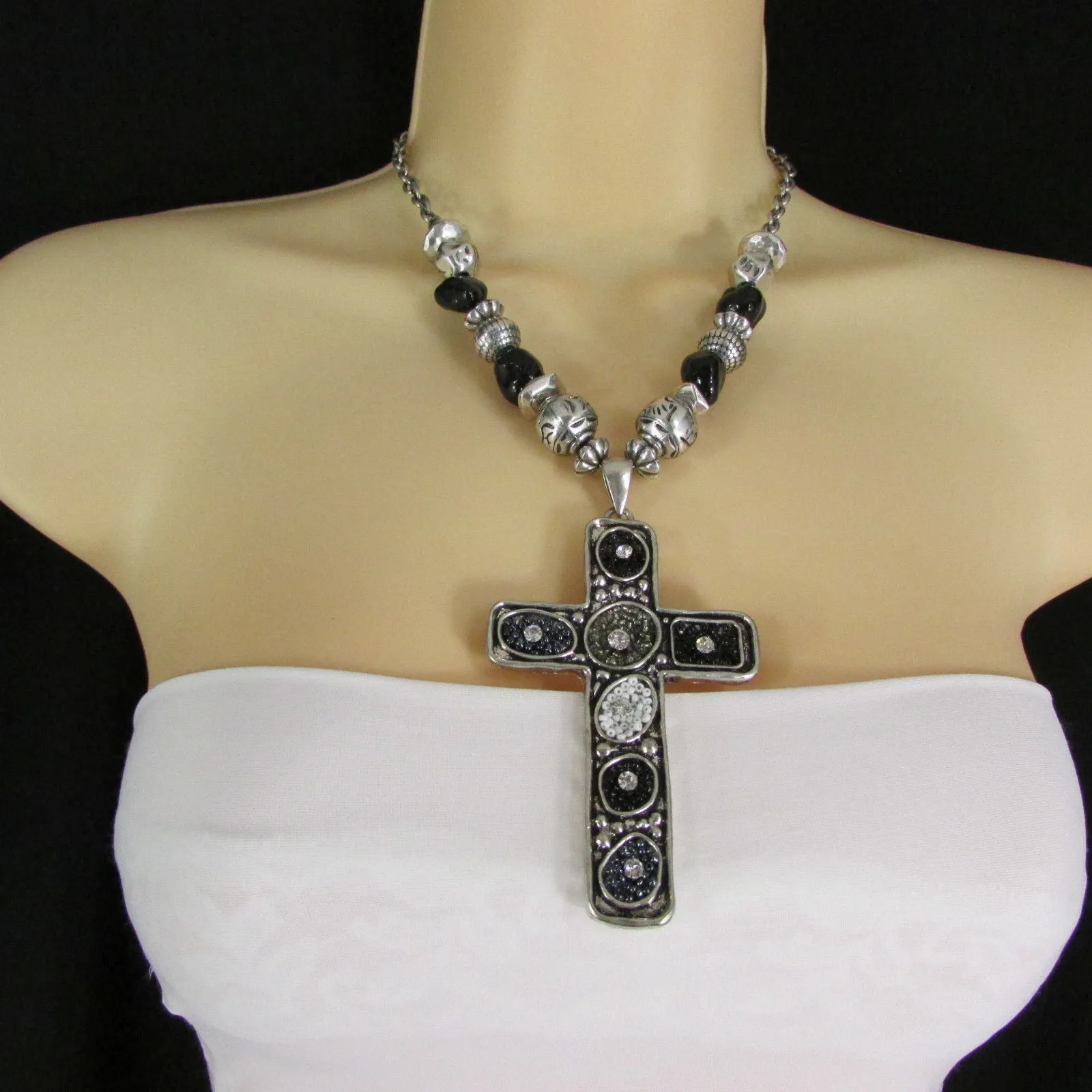 Silver Metal Chain Big Large Black Or Red Cross Necklace Earrings Set