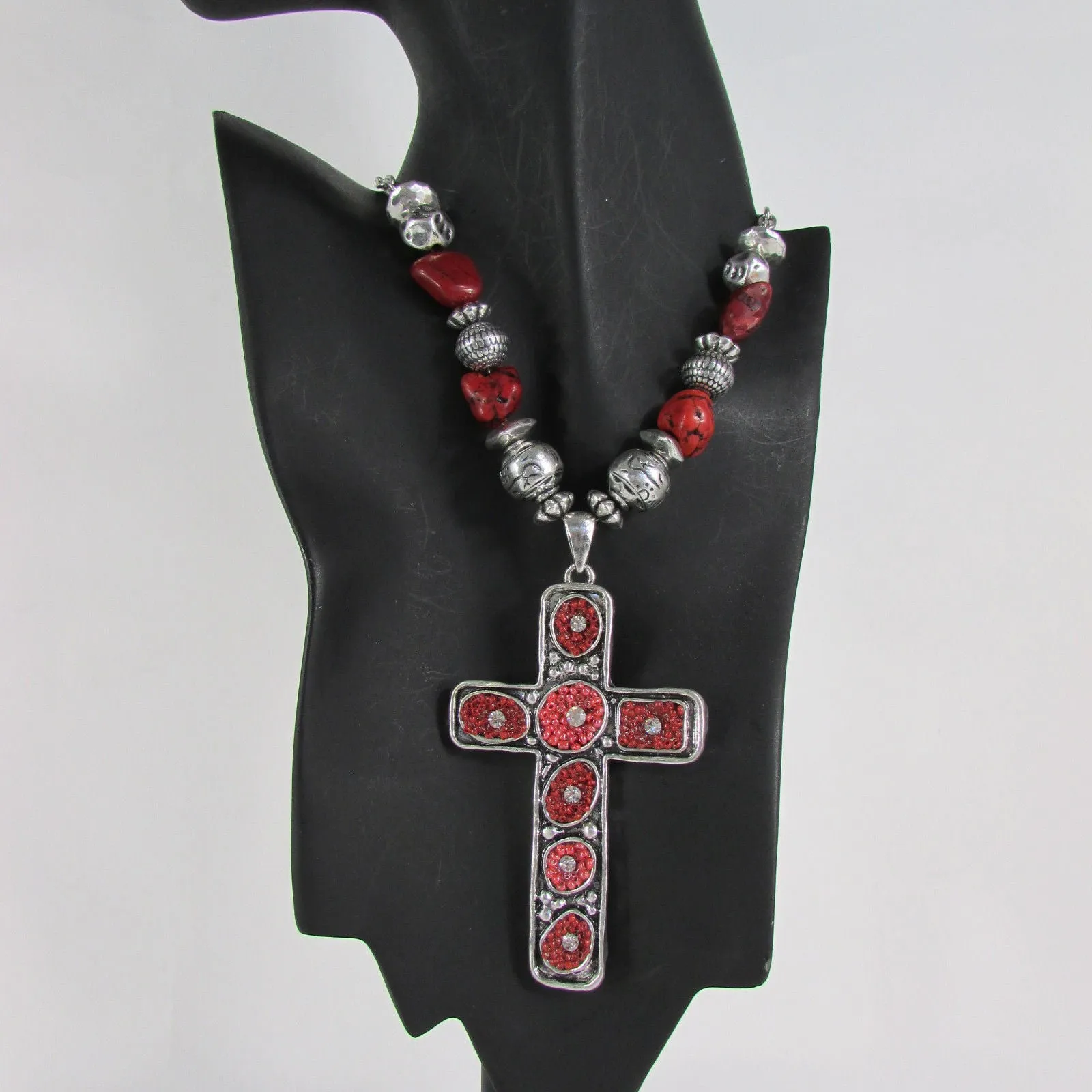Silver Metal Chain Big Large Black Or Red Cross Necklace Earrings Set