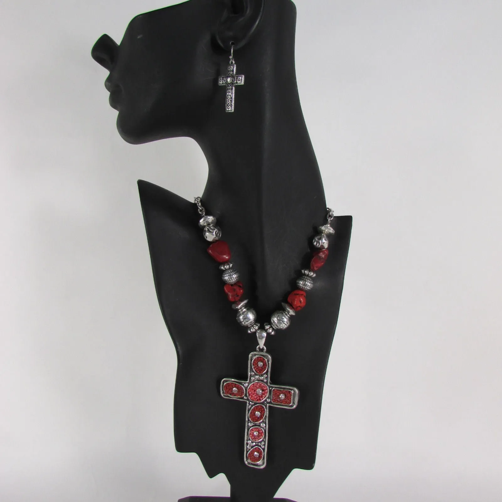 Silver Metal Chain Big Large Black Or Red Cross Necklace Earrings Set