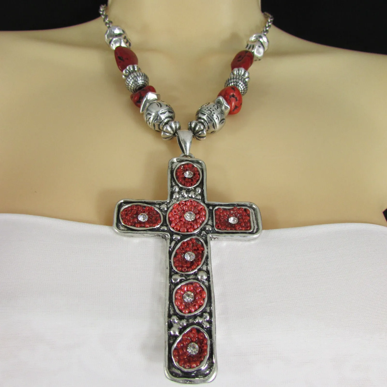 Silver Metal Chain Big Large Black Or Red Cross Necklace Earrings Set