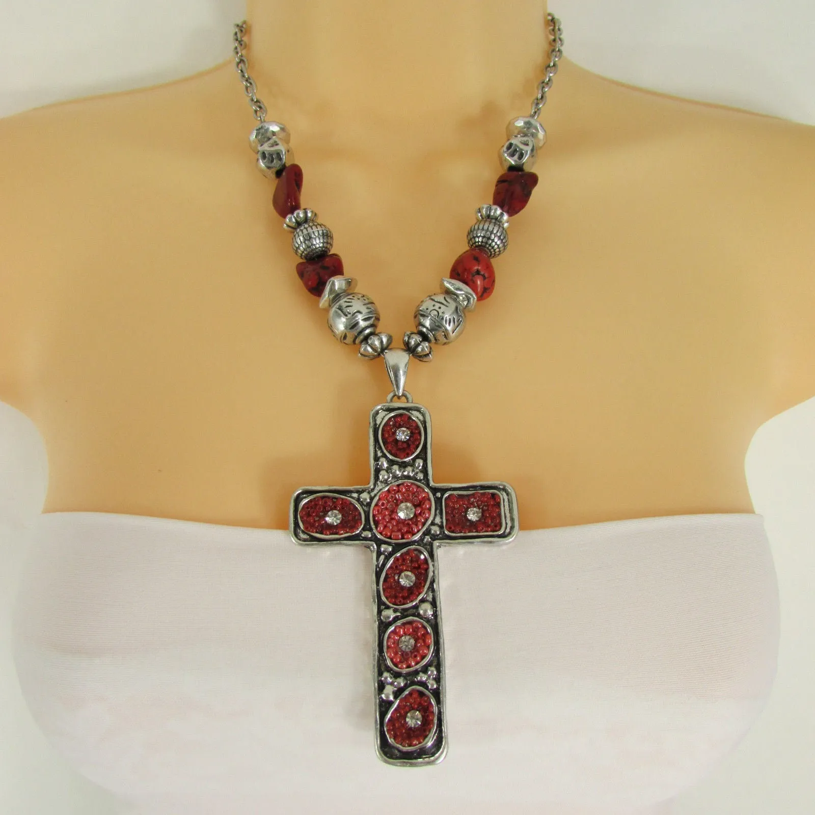 Silver Metal Chain Big Large Black Or Red Cross Necklace Earrings Set