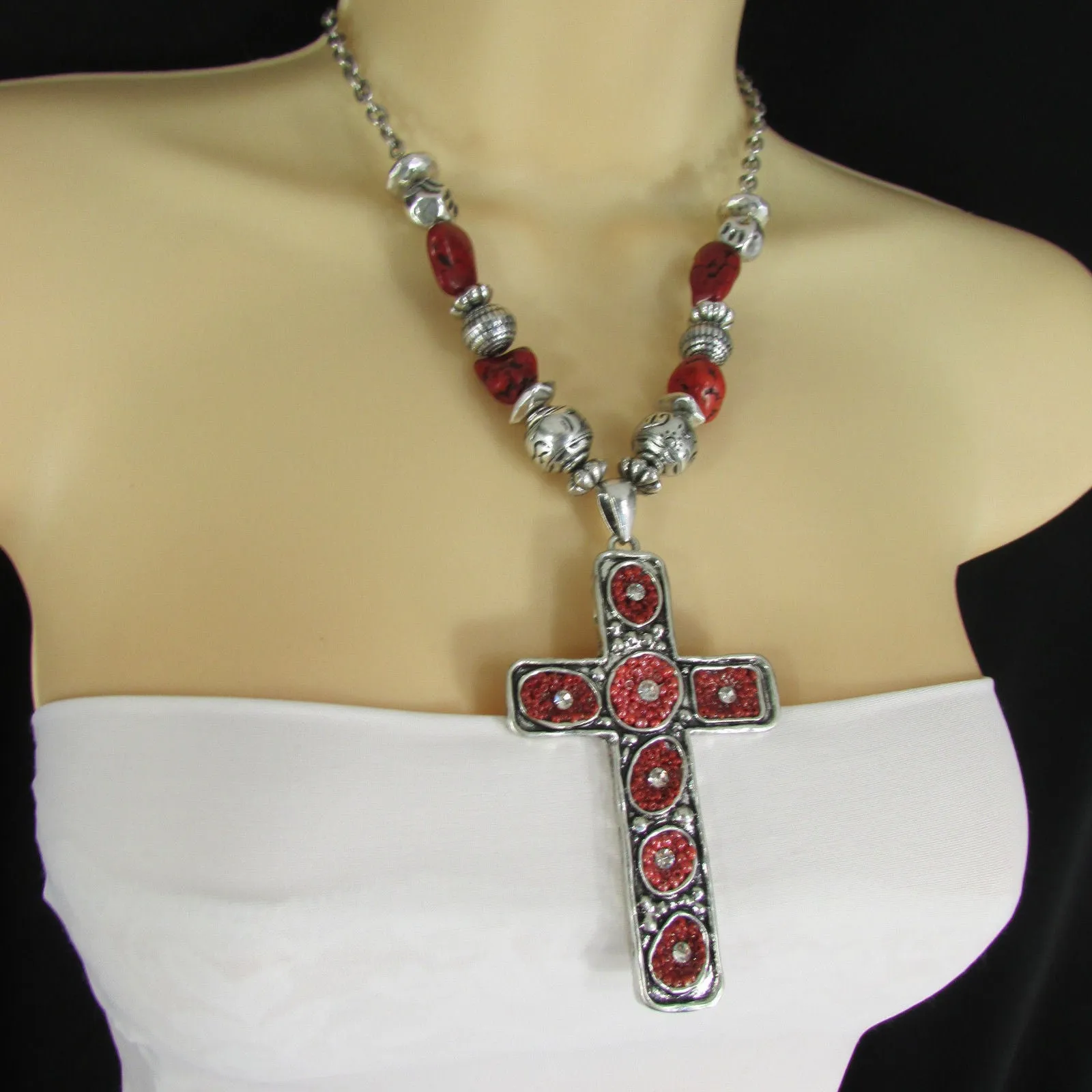 Silver Metal Chain Big Large Black Or Red Cross Necklace Earrings Set