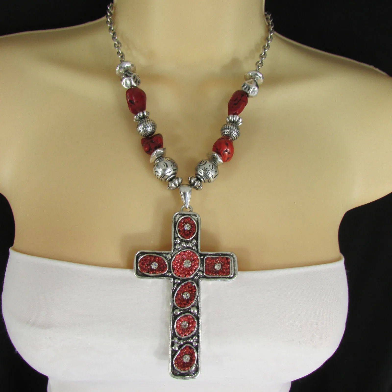 Silver Metal Chain Big Large Black Or Red Cross Necklace Earrings Set