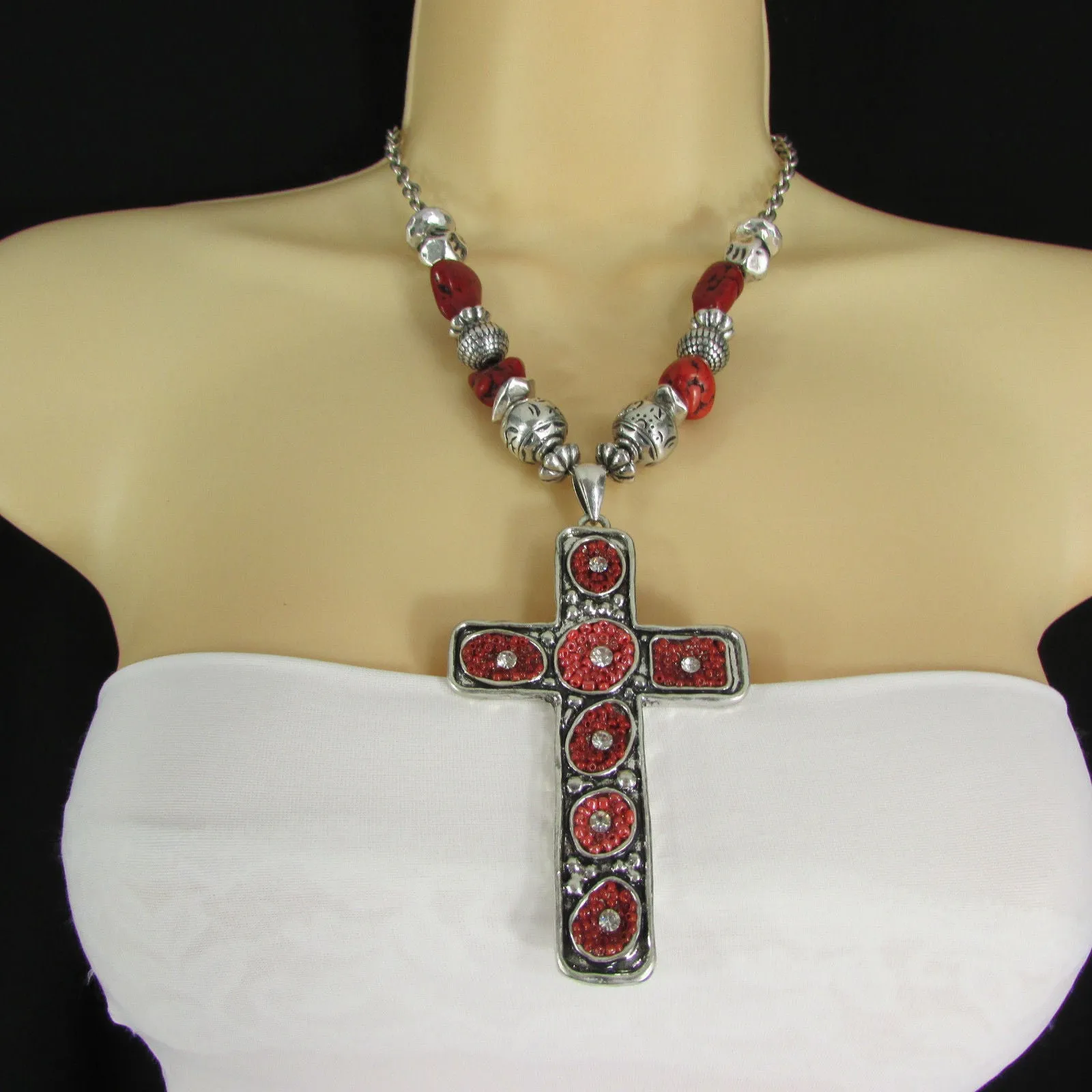 Silver Metal Chain Big Large Black Or Red Cross Necklace Earrings Set