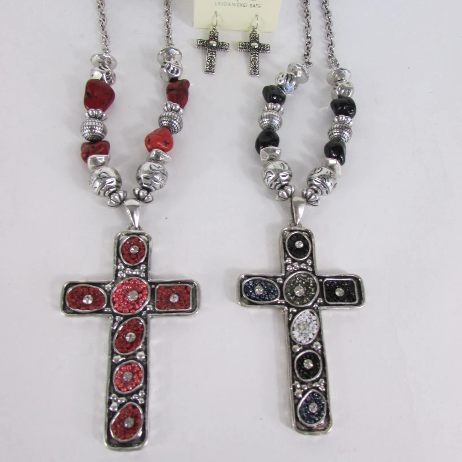 Silver Metal Chain Big Large Black Or Red Cross Necklace Earrings Set