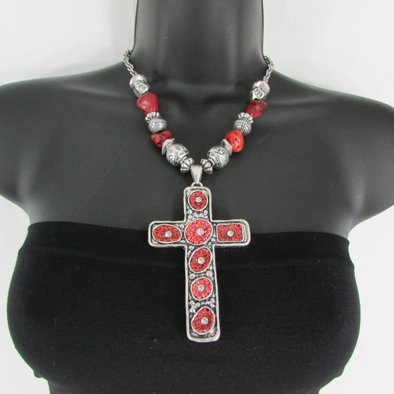Silver Metal Chain Big Large Black Or Red Cross Necklace Earrings Set