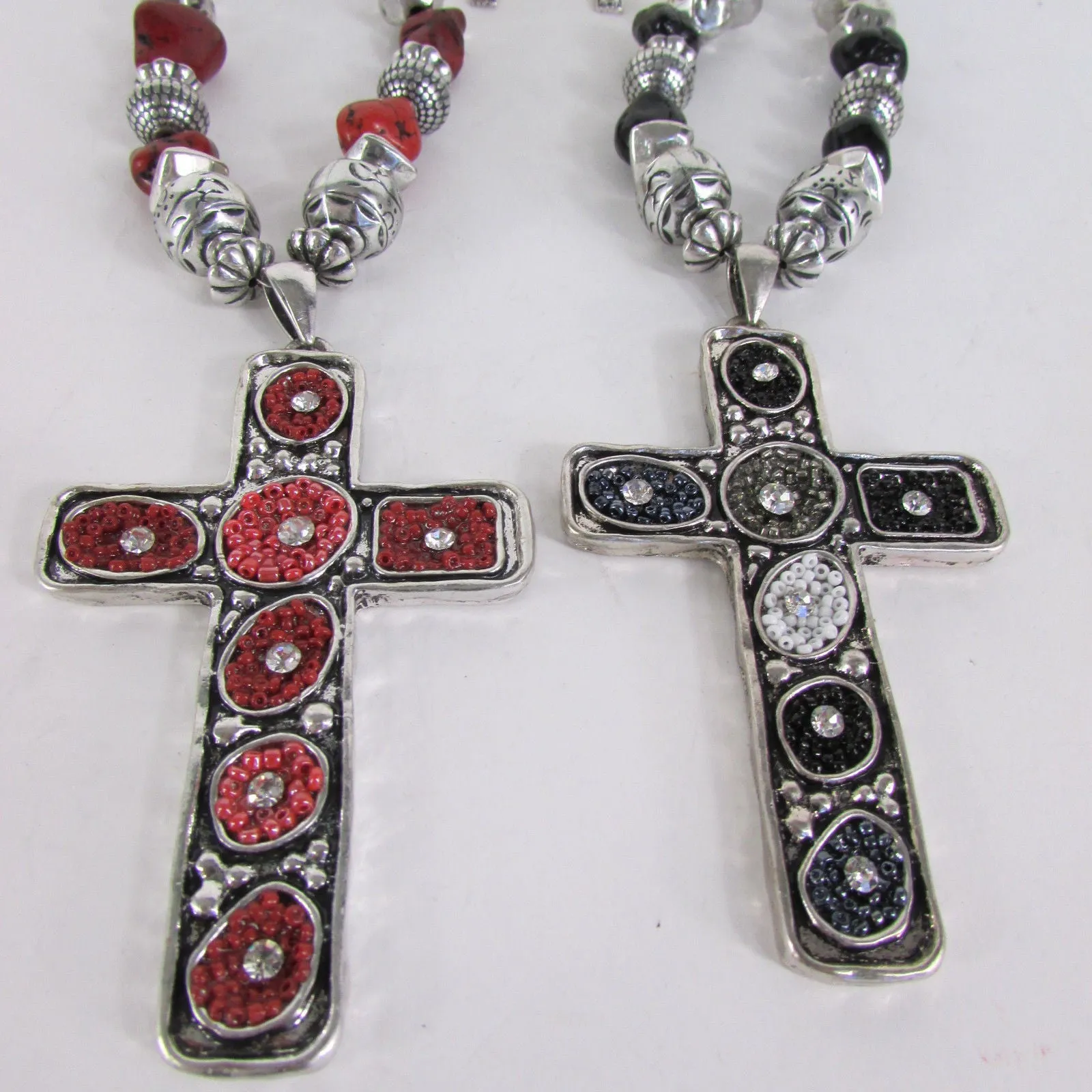 Silver Metal Chain Big Large Black Or Red Cross Necklace Earrings Set