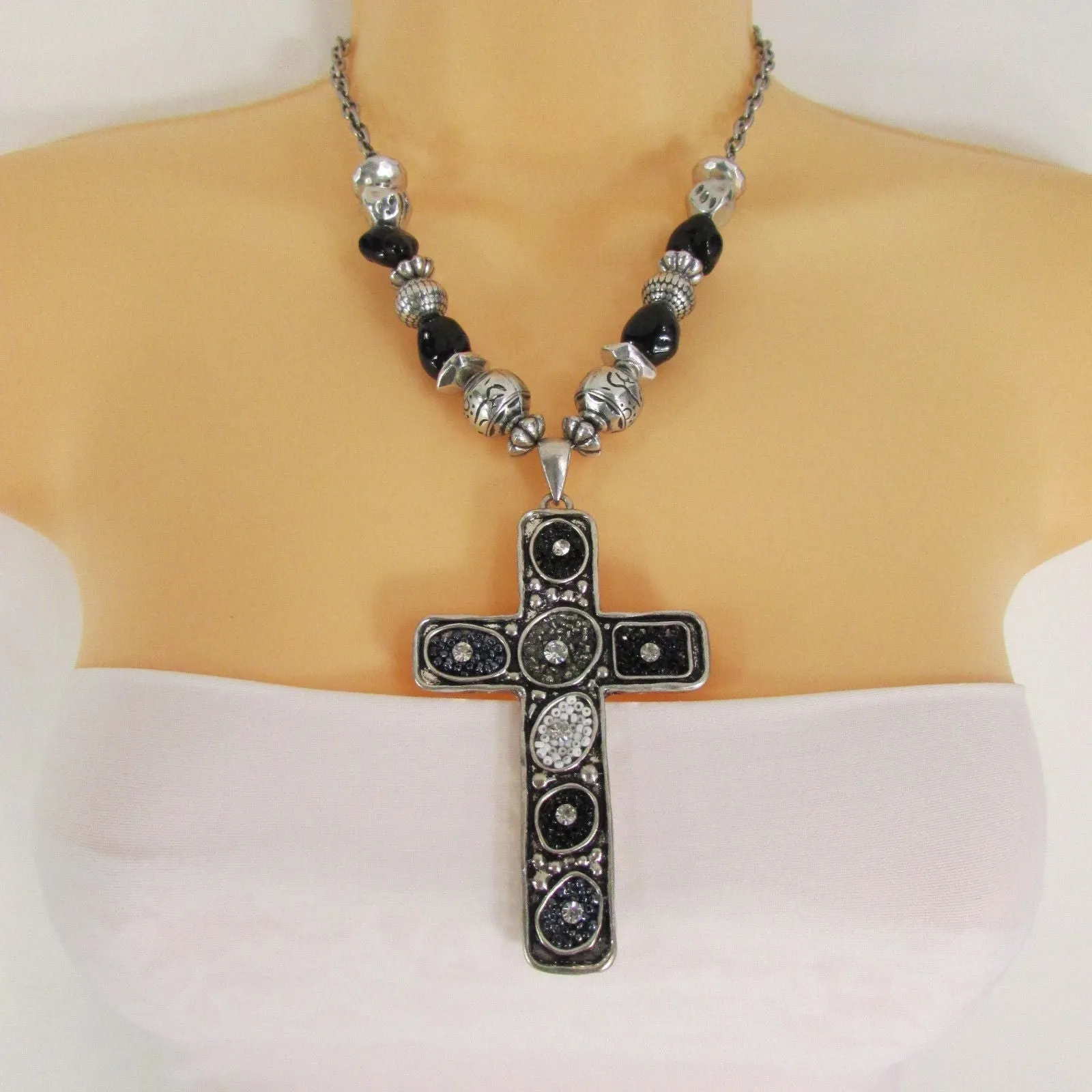 Silver Metal Chain Big Large Black Or Red Cross Necklace Earrings Set