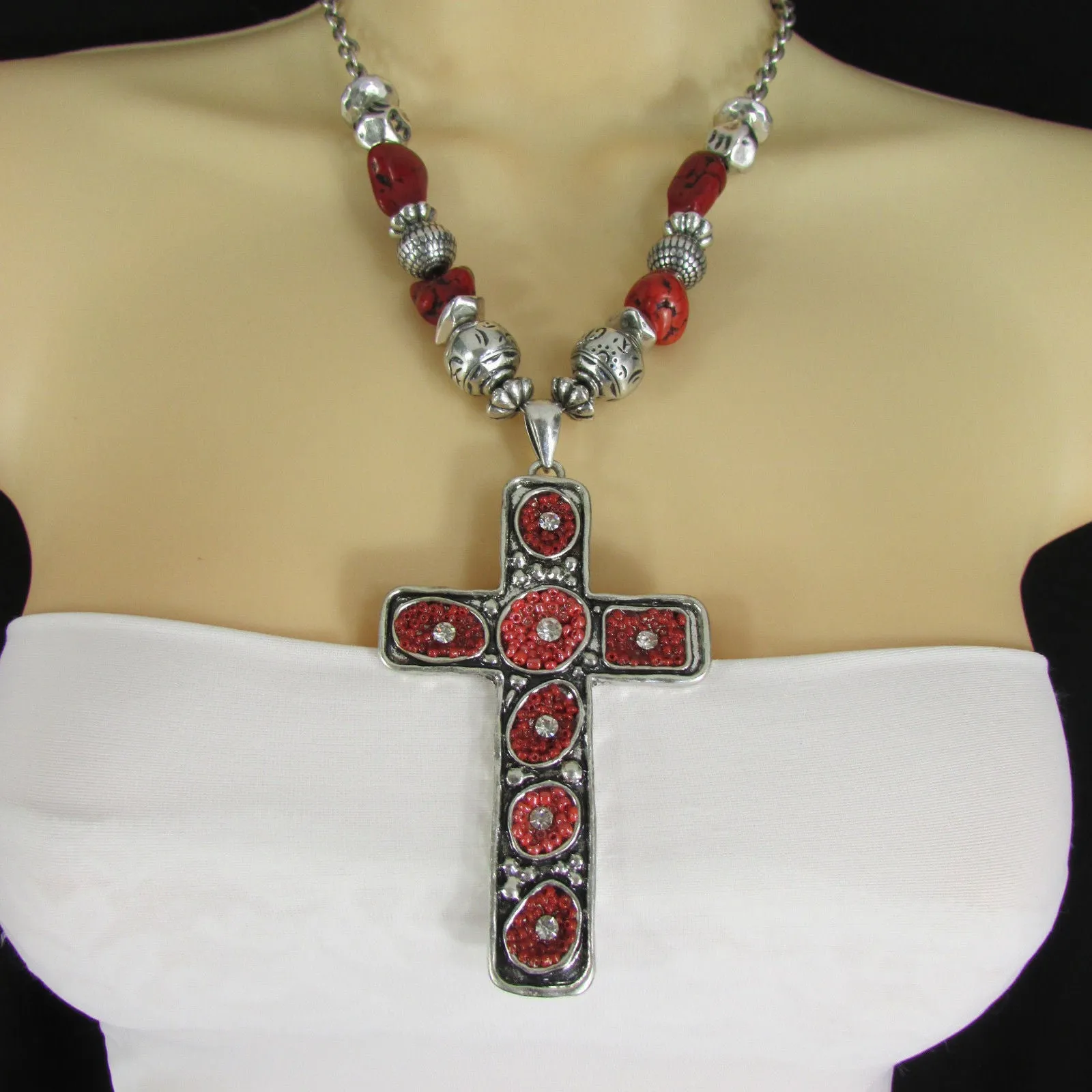 Silver Metal Chain Big Large Black Or Red Cross Necklace Earrings Set