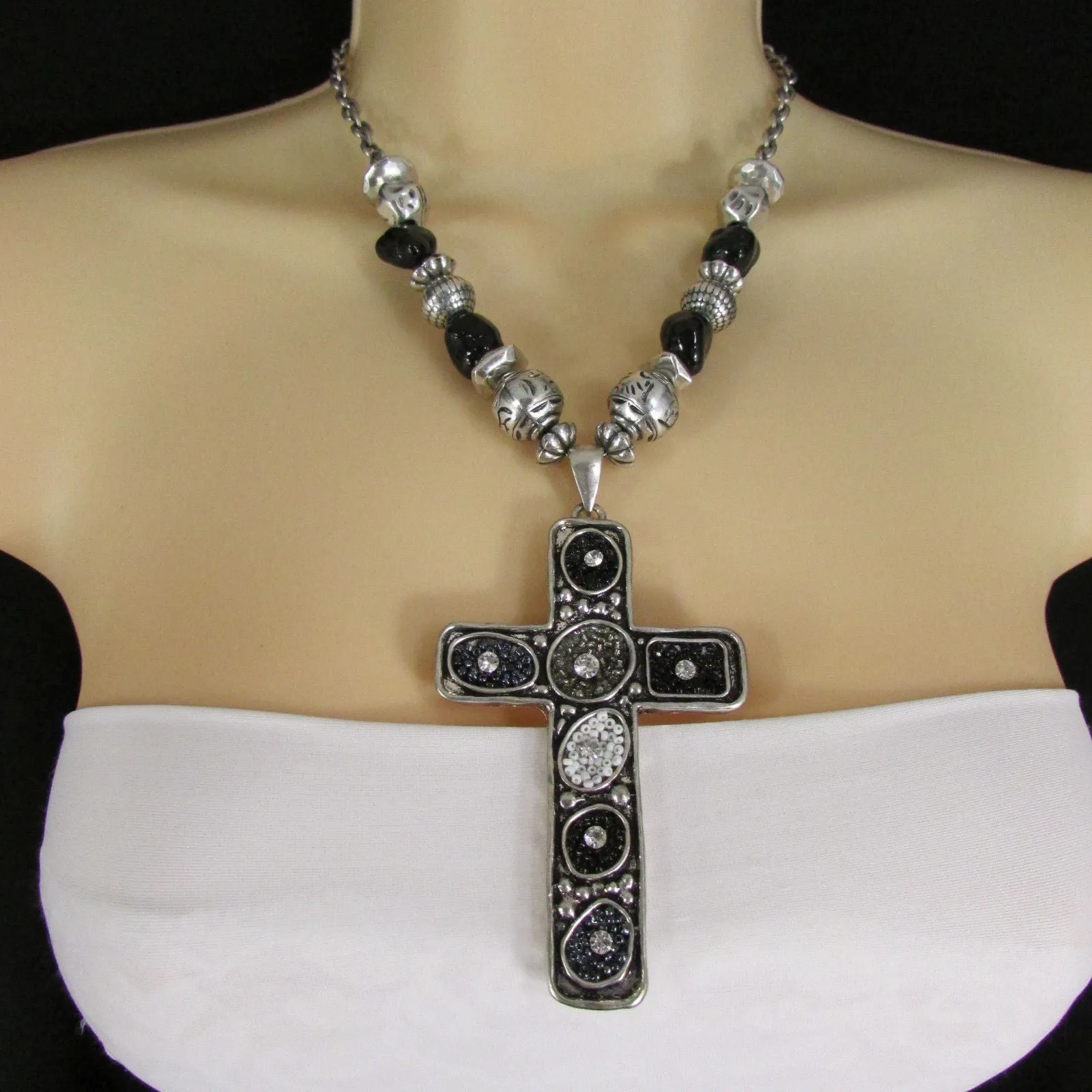 Silver Metal Chain Big Large Black Or Red Cross Necklace Earrings Set