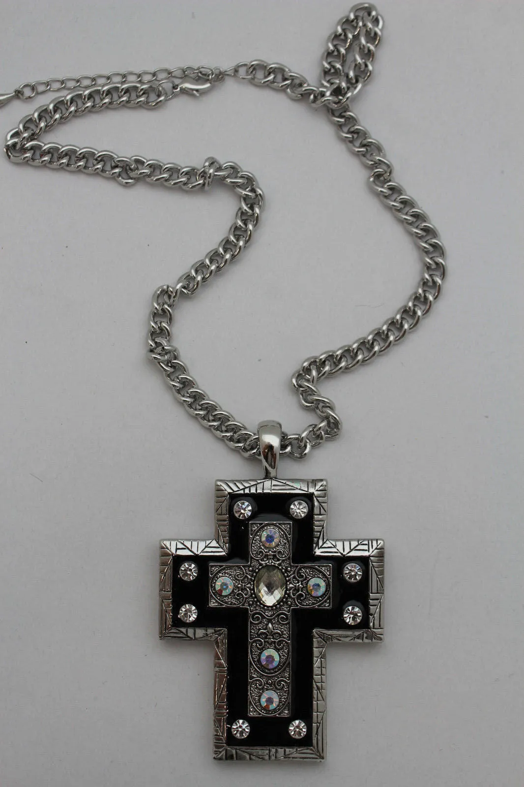 Silver Metal Chain Big Rhinestones Cross Pendant Long Necklace
