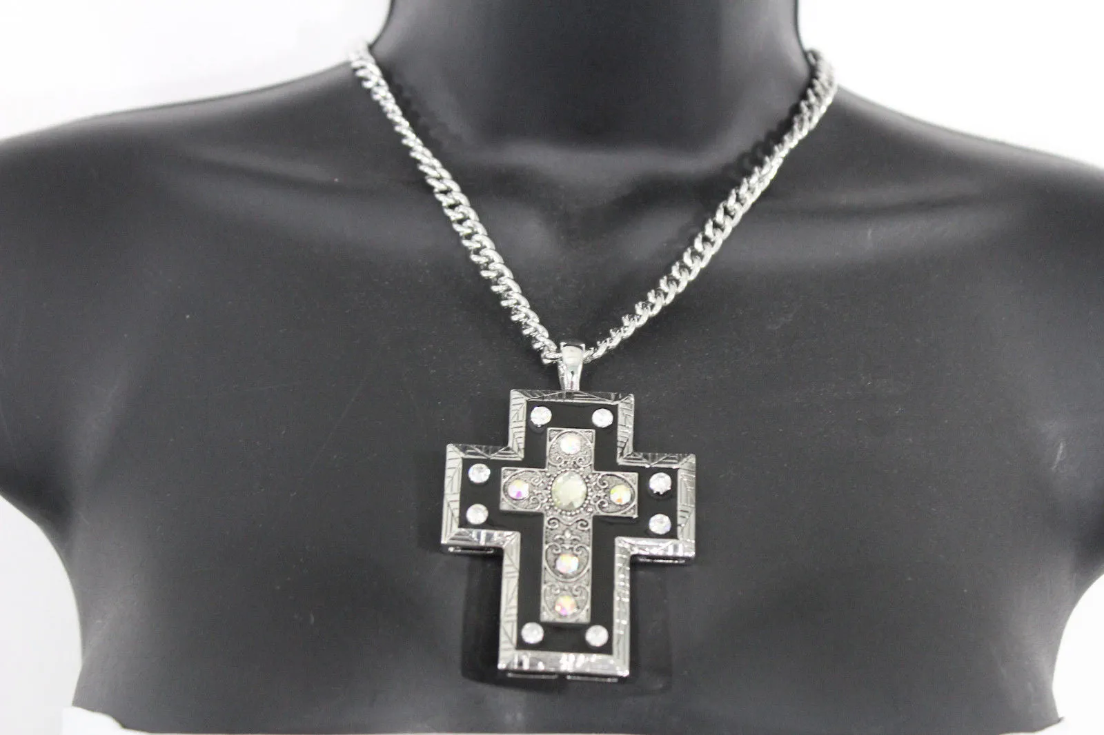 Silver Metal Chain Big Rhinestones Cross Pendant Long Necklace