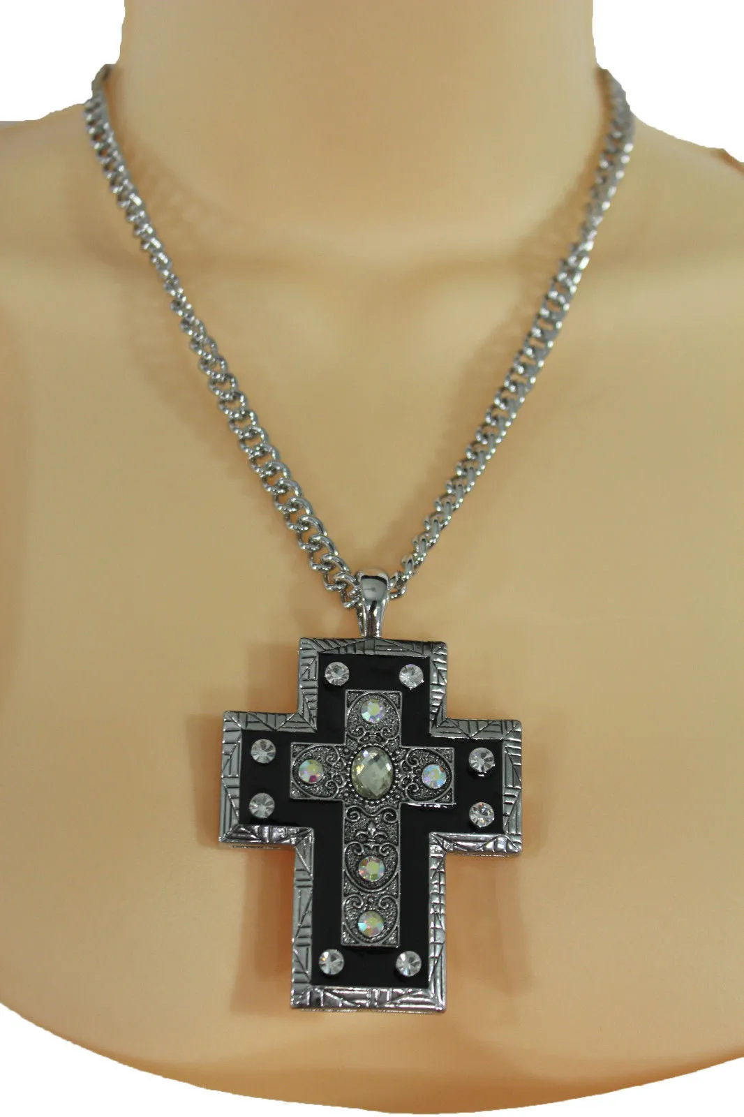 Silver Metal Chain Big Rhinestones Cross Pendant Long Necklace