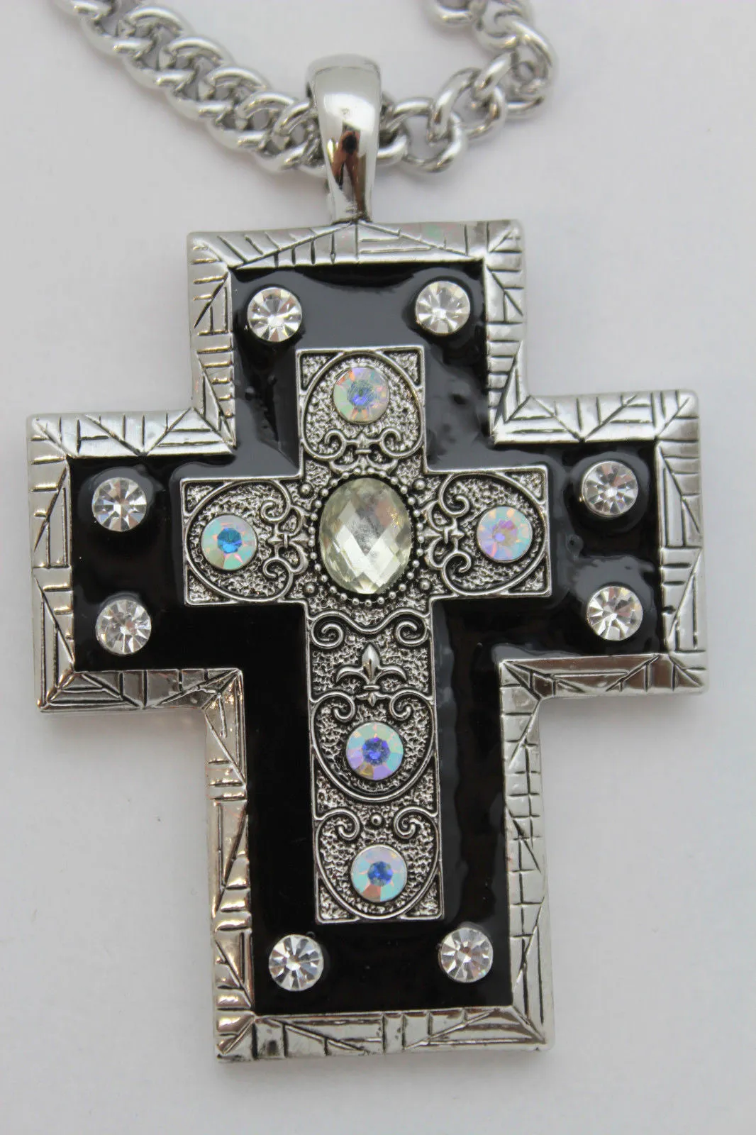 Silver Metal Chain Big Rhinestones Cross Pendant Long Necklace