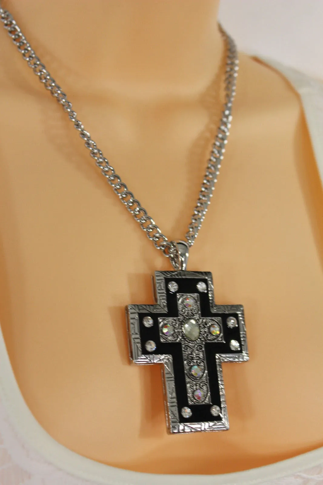 Silver Metal Chain Big Rhinestones Cross Pendant Long Necklace