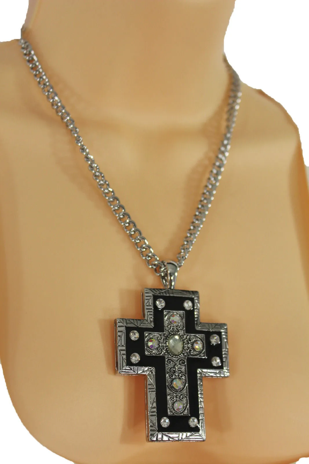 Silver Metal Chain Big Rhinestones Cross Pendant Long Necklace