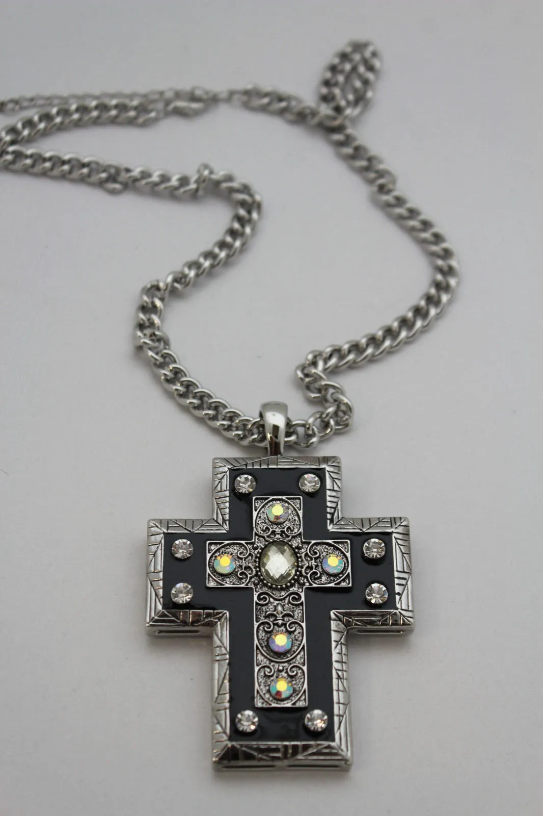 Silver Metal Chain Big Rhinestones Cross Pendant Long Necklace