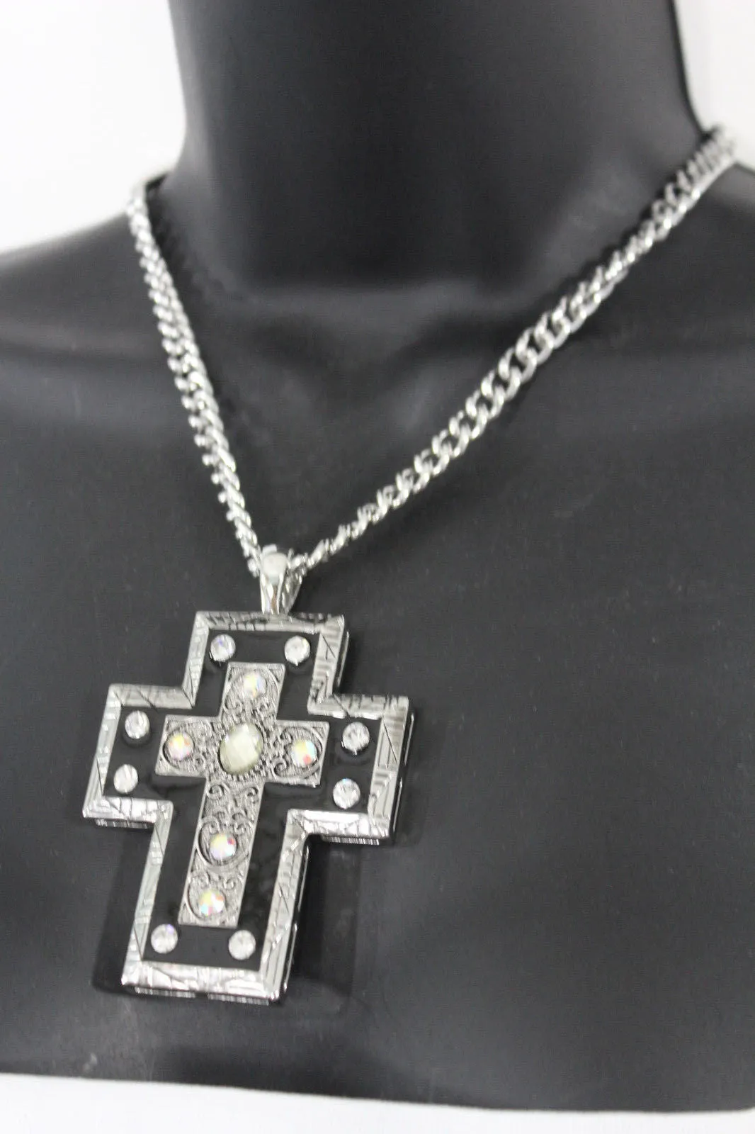 Silver Metal Chain Big Rhinestones Cross Pendant Long Necklace