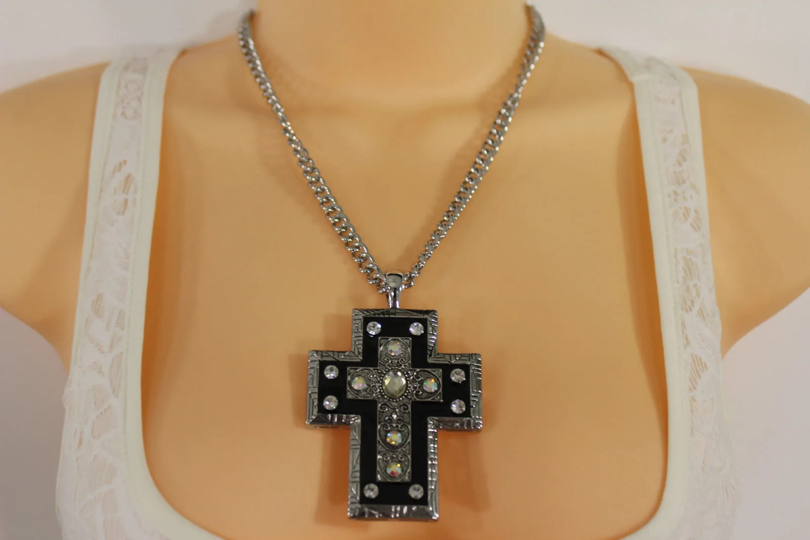 Silver Metal Chain Big Rhinestones Cross Pendant Long Necklace
