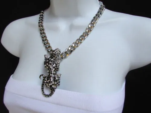 Silver Metal Chains Big Tiger Leopard Cheetah Body Trendy Necklace