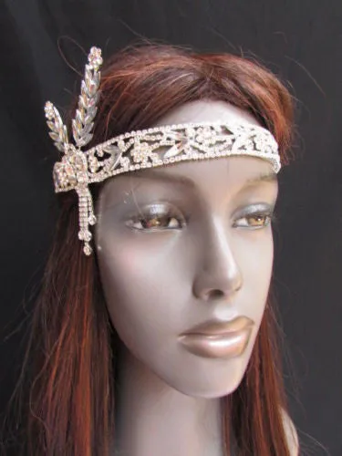 Silver Metal Head Chain Long Leaves Rhinestones Jewelry Hair