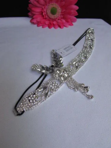 Silver Metal Head Chain Long Leaves Rhinestones Jewelry Hair