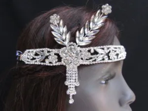 Silver Metal Head Chain Long Leaves Rhinestones Jewelry Hair
