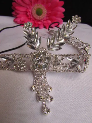 Silver Metal Head Chain Long Leaves Rhinestones Jewelry Hair