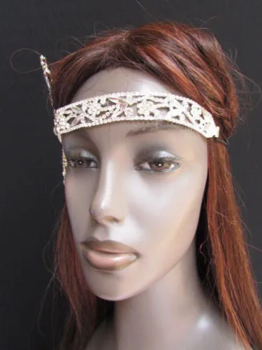 Silver Metal Head Chain Long Leaves Rhinestones Jewelry Hair