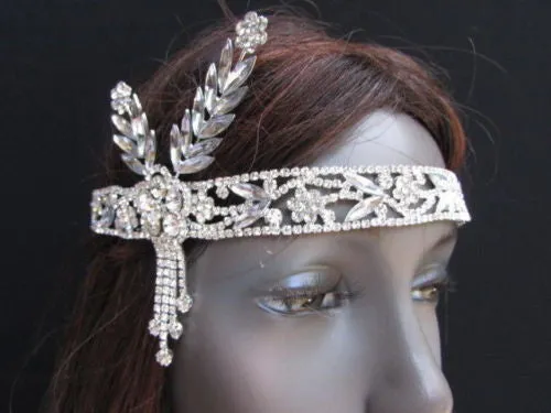 Silver Metal Head Chain Long Leaves Rhinestones Jewelry Hair