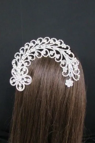Silver Metal Head Pin Long Big Flower Leaves Rhinestone