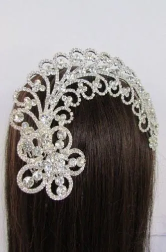 Silver Metal Head Pin Long Big Flower Leaves Rhinestone