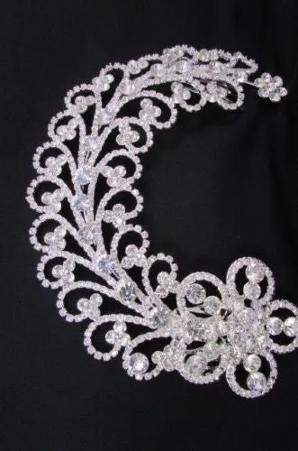 Silver Metal Head Pin Long Big Flower Leaves Rhinestone