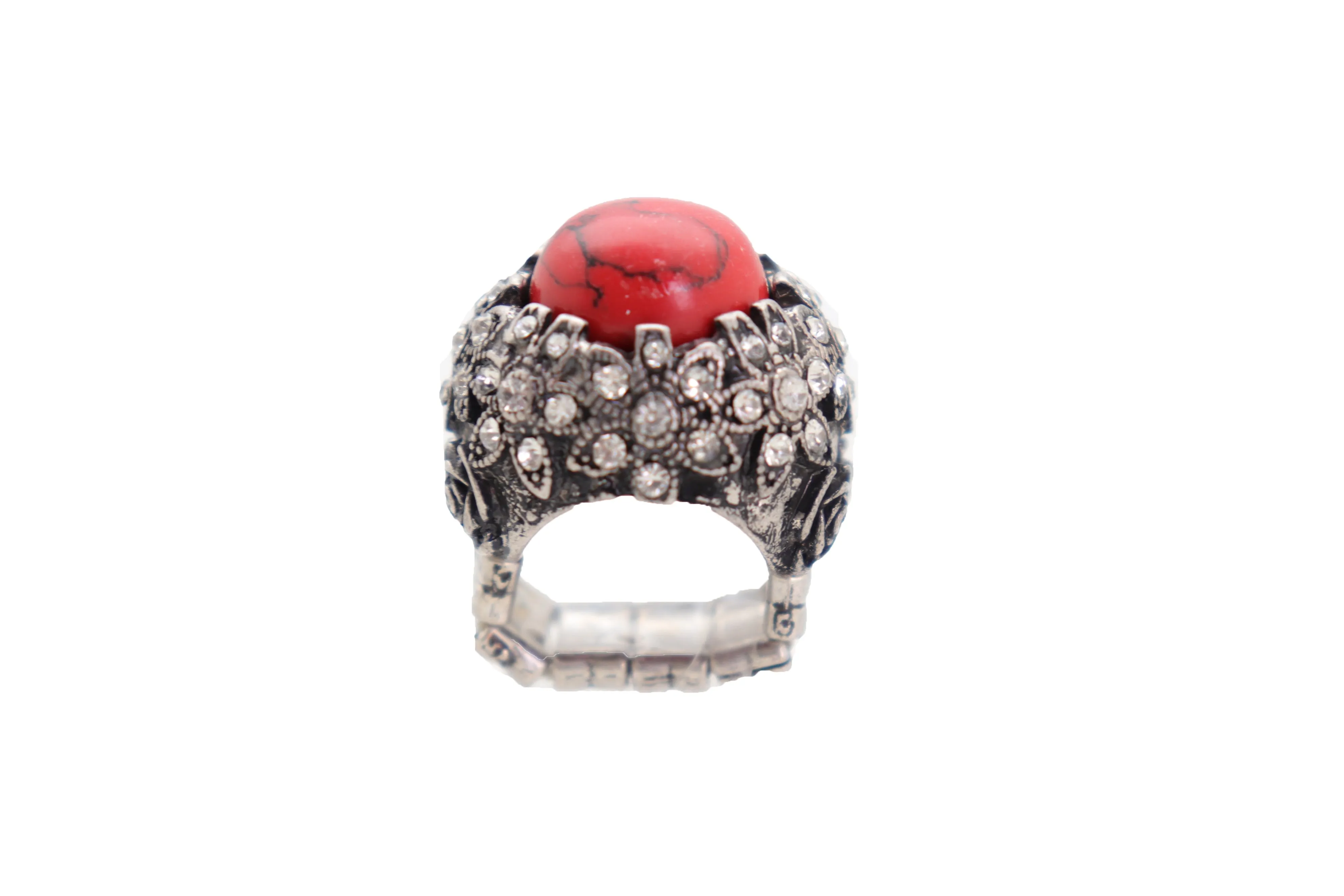 Silver Metal Red Bead Floral Filigree with Rhinestones Ring