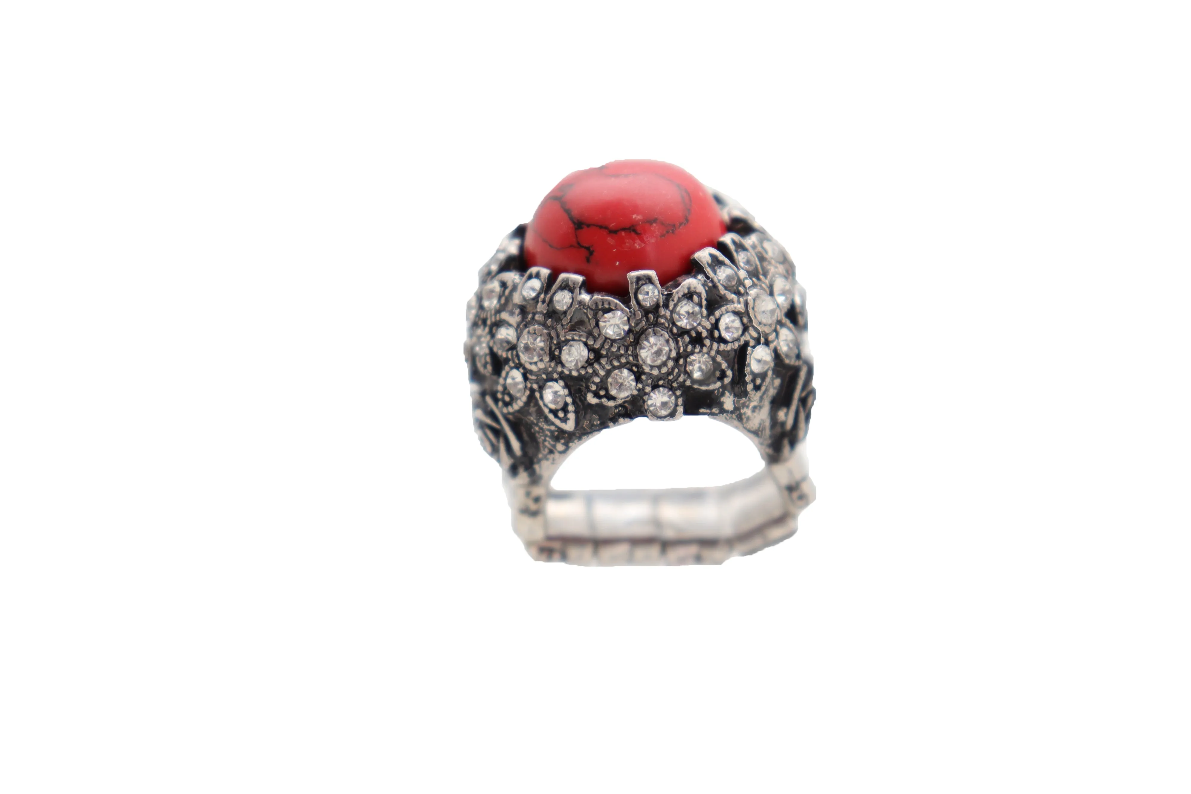 Silver Metal Red Bead Floral Filigree with Rhinestones Ring