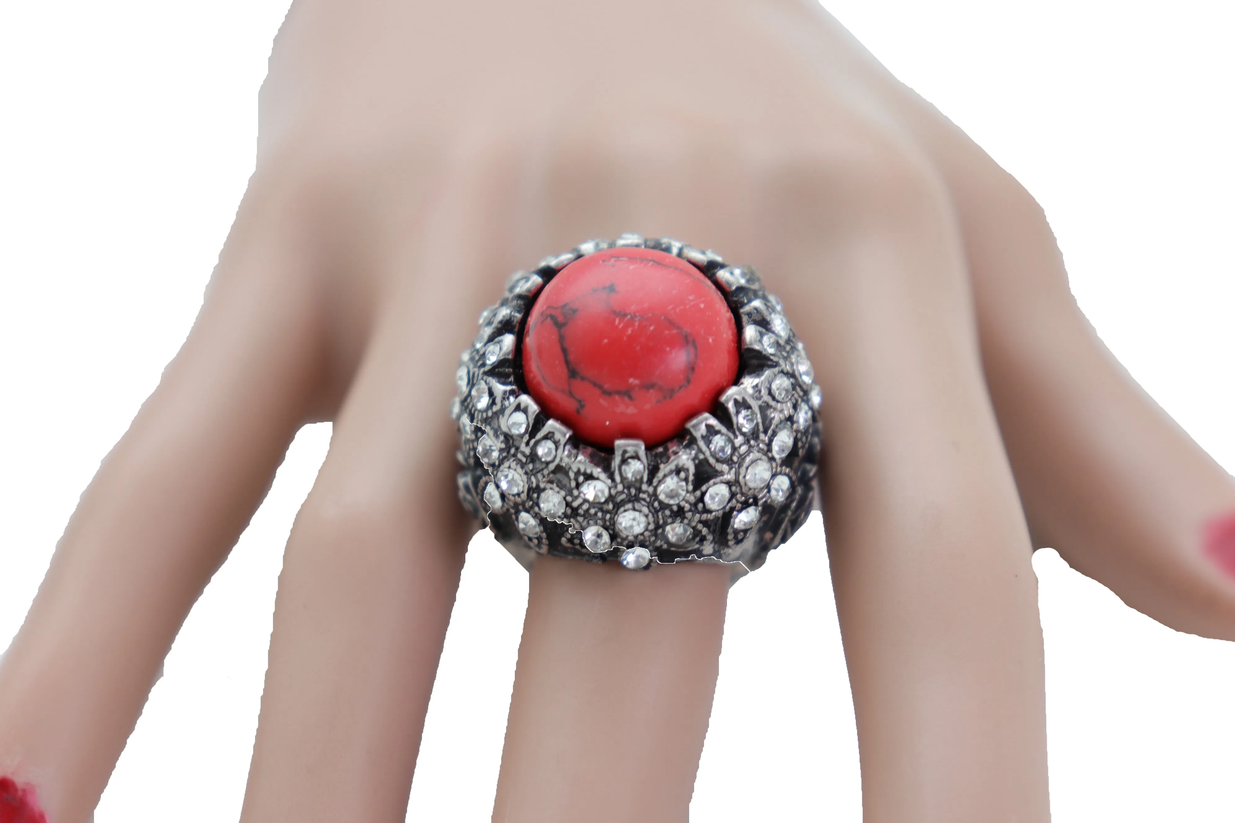 Silver Metal Red Bead Floral Filigree with Rhinestones Ring